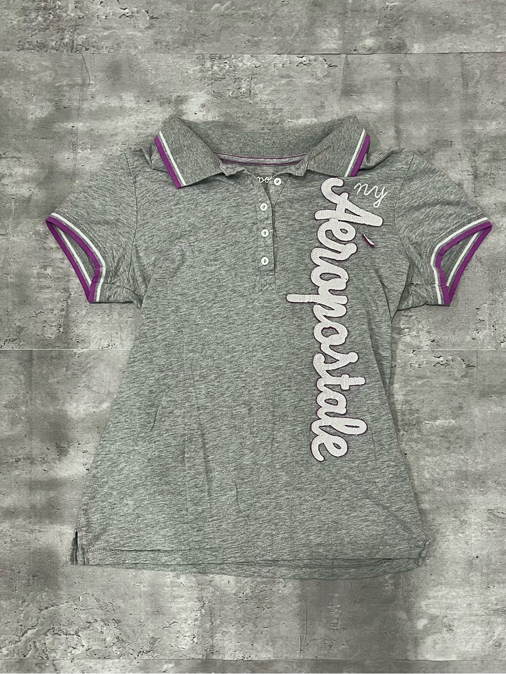 Vintage Aeropostale Graphic Polo Shirt Grey Purple Womens Large Y2K